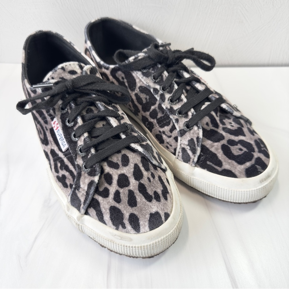 Superga 2750 Cotu Classic Gray Velvet Leopard Print Sneaker Wm Size 9.5 UK 41
